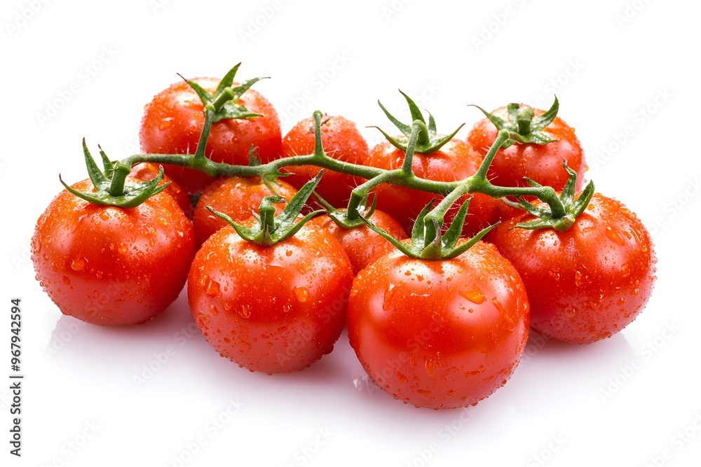 Fresh tomatoes on a vine with water droplets. Fresh tomatoes on a vine with water droplets.
