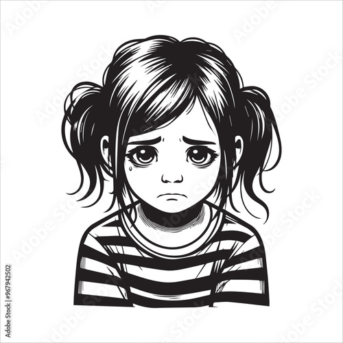 Sad looking orphan girl vector illustration silhouette