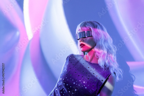 Stylish woman in metaverse attire with futuristic visor