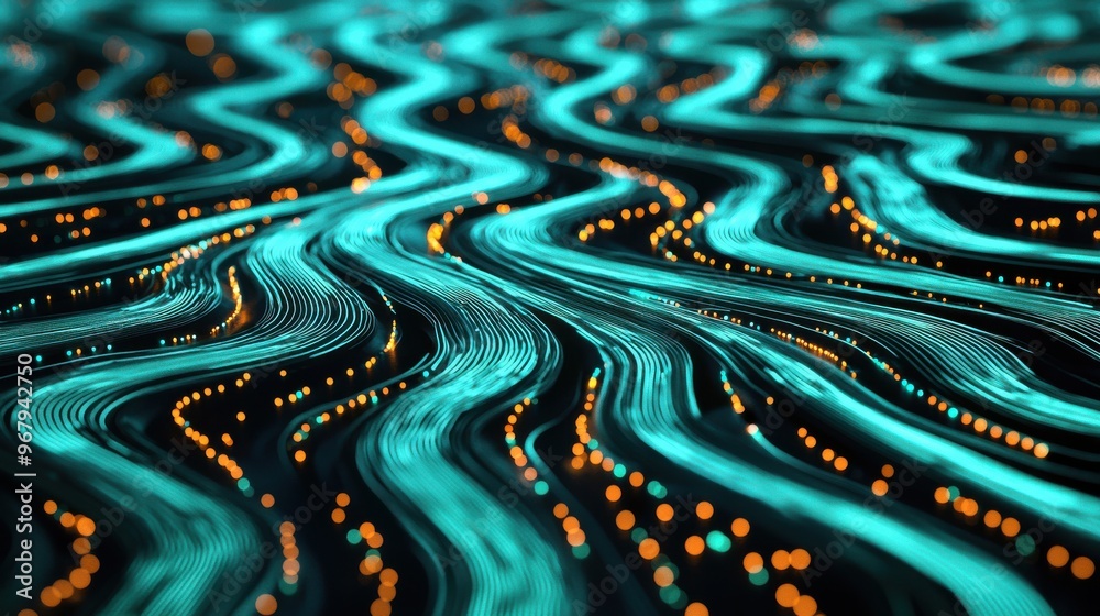 A flowing river of data and digital symbols winding through abstract landscapes, the fluid and adaptable nature of agile processes A flowing river of data and digital symbols winding through abstract landscapes, the fluid and adaptable nature of agile processes