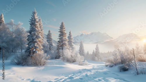 Serene winter morning in the alps snow capped peaks and icy trees beneath a clear dawn sky