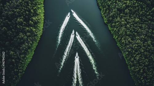 A flowing river with various sized boats, all navigating towards the same direction. The largest boat, leadership, is guiding the others in formation