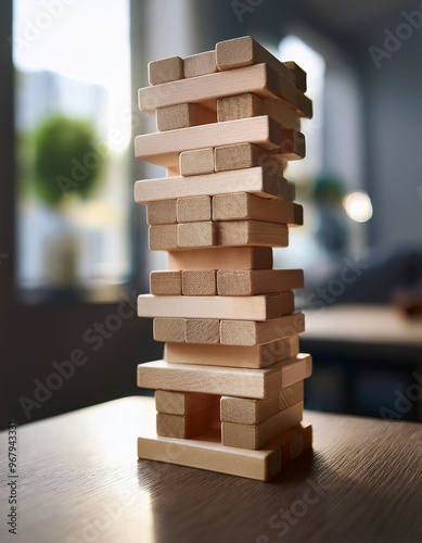 jenga tower on office table, copy space. Concept of risk taking and strategy move in business, logic and decision making, stability skill and solution for economy finance, leadership