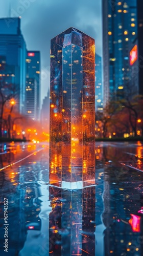 A crystal prism stands on a wet surface, reflecting city lights at twilight, creating a vibrant contrast of warm and cool tones.