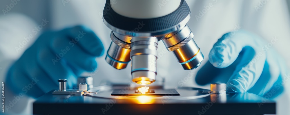 Close-up of a microscope lens with gloved hands adjusting a sample, bright laboratory lighting, scientific research and discovery concept Close-up of a microscope lens with gloved hands adjusting a sample, bright laboratory lighting, scientific research and discovery concept