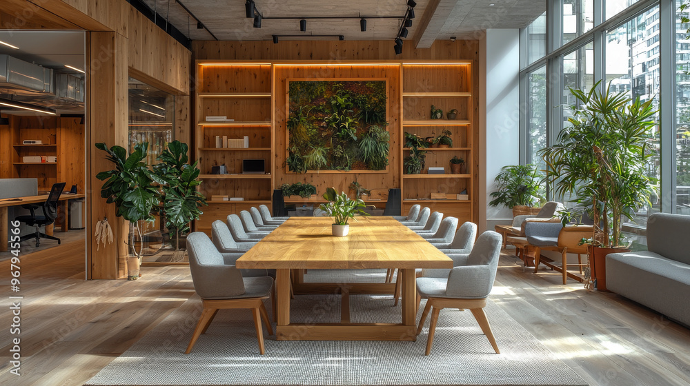 Fototapeta premium Modern conference room with wooden table and chairs.