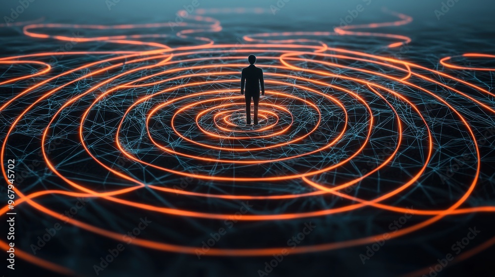 A glowing circular web of interconnected lines and dots, with a central figure standing in the middle, feedback from all directions A glowing circular web of interconnected lines and dots, with a central figure standing in the middle, feedback from all directions