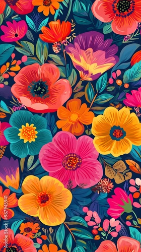 Vibrant Floral Pattern with Blue Background and Colorful Flowers