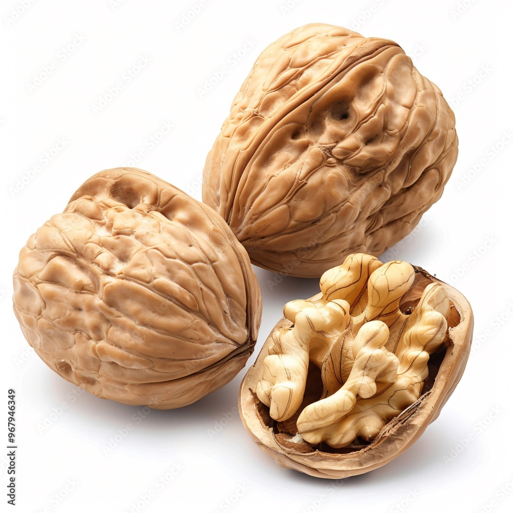 Closeup of Fresh Whole Walnuts in Shells on White Background