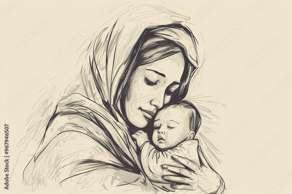 A drawing of Mary mother holding baby Jesus. A drawing of Mary mother holding baby Jesus.