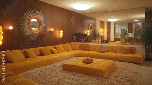 1970s minimalist living room with mustard yellow and brown accents
 photo