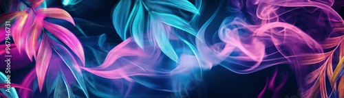 Neon Smoke and Tropical Leaf Abstract