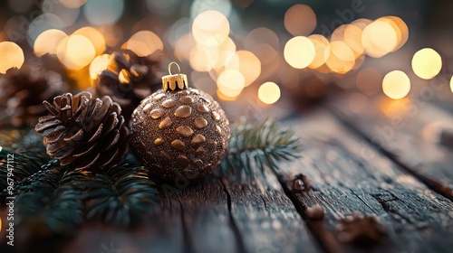 Closeup macro shot in shallow depth of field of a christmas decoration with lights on wooden  photo