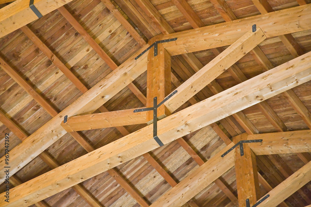 New wooden truss structure called palladian truss with beams and wooden roof New wooden truss structure called palladian truss with beams and wooden roof