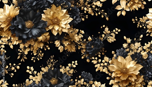 Elegant golden floral pattern on deep black background for luxurious event decor and upscale designs photo