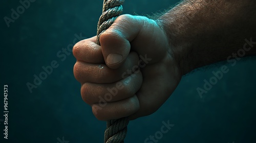 Cartoon Character's Strong Forearm Holding Rope - Hyper-Realistic 3D Render on Cyan Background