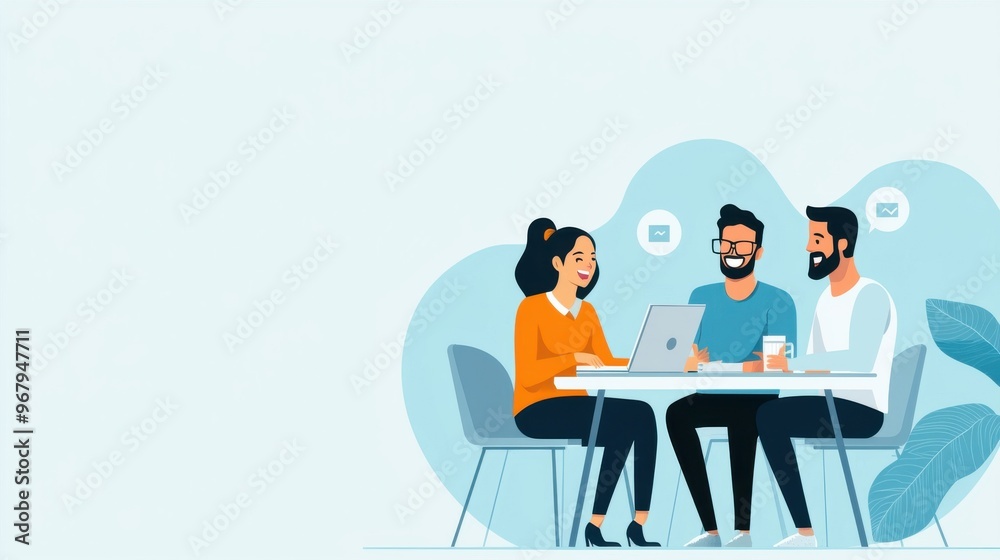 A group of coworkers gather around a table, laughing and discussing ideas with energy. Their collaborative effort is driven by a positive and supportive environment., flat design illustration A group of coworkers gather around a table, laughing and discussing ideas with energy. Their collaborative effort is driven by a positive and supportive environment., flat design illustration