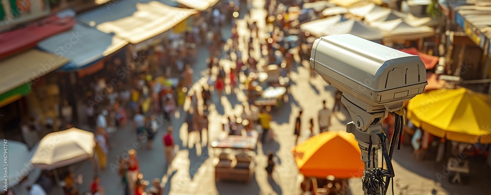 A busy market scene with people, market stalls, and a surveillance camera observing the activity in the vibrant atmosphere. A busy market scene with people, market stalls, and a surveillance camera observing the activity in the vibrant atmosphere.