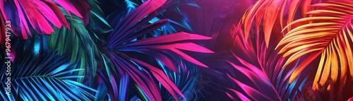 Vividly Colored Palm Leaves Illuminated by Neon Lights