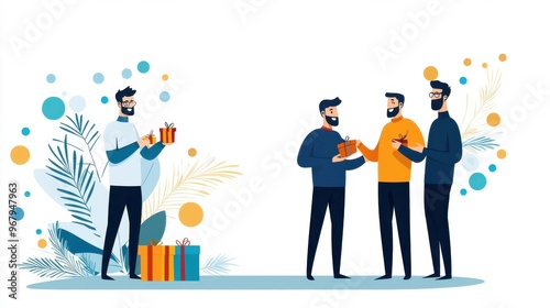 A group of friends exchange small gifts at a casual gathering, their smiles showing the positive energy and mutual appreciation., flat design illustration