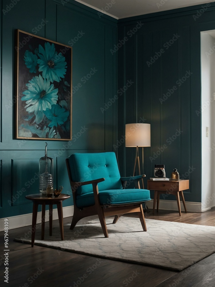 Teal-themed minimalist room with mid-century chairs and a small side table with a lamp. Teal-themed minimalist room with mid-century chairs and a small side table with a lamp.