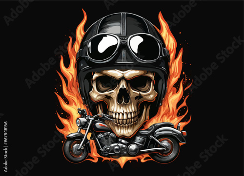 
Biker vector t-shirt design with human skull,
motorcycle helmet
and fire on black background.
Fashionable print for fabric, paper, men clothing,
hoodie, biker jacket. T shirt template with flame.