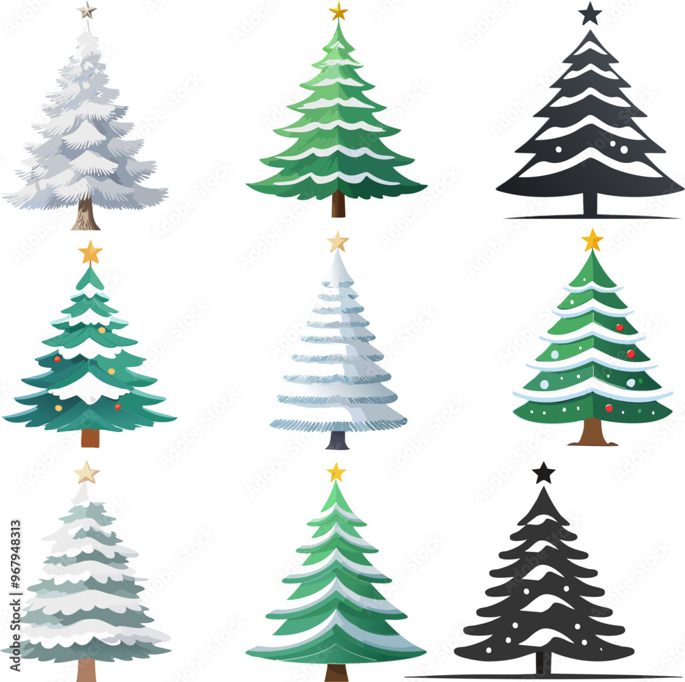 Obraz premium Conjunto de árboles de navidad nevados con fondo transparente 01