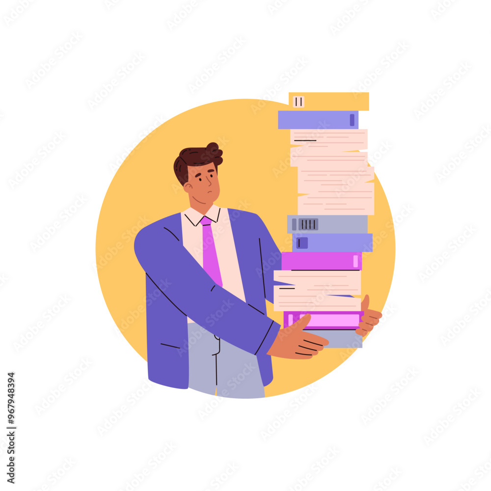 Overworked secretary holding files vector illustration Overworked secretary holding files vector illustration