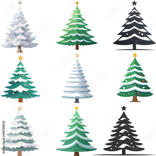 Conjunto de árboles de navidad nevados con fondo transparente 01