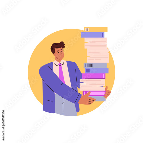 Overworked secretary holding files vector illustration