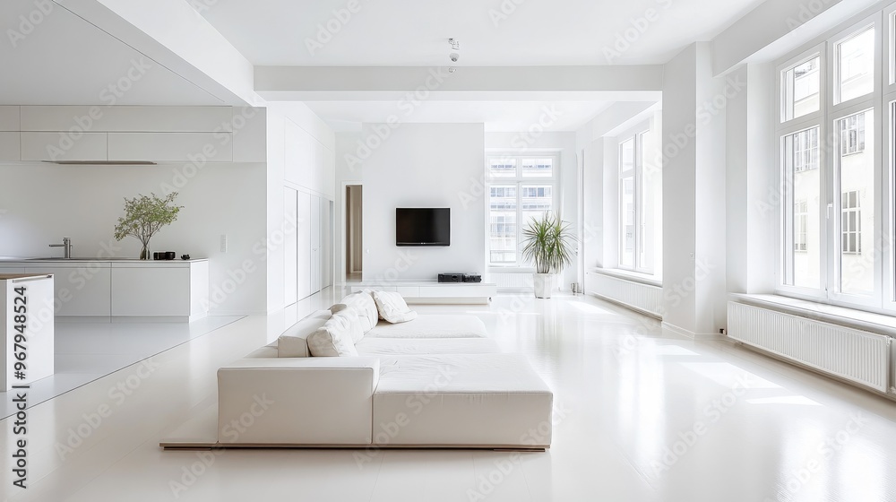 Modern Interior Design with White Walls and Minimalist Furniture in a Spacious Apartment Modern Interior Design with White Walls and Minimalist Furniture in a Spacious Apartment