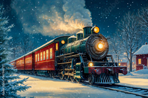 Vibrant illustration of the Polar Express train, set amidst a whimsical, snowy, winter wonderland on a magical Christmas night, where stars twinkle like diamonds against a soft, velvety blue sky photo