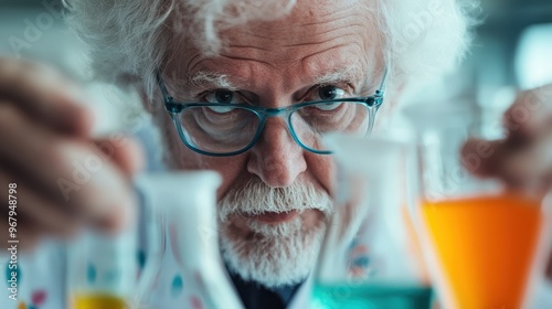 An elderly scientist with white hair and glasses intensely examining various colorful liquid samples in test tubes and beakers, focused on his scientific experiment. photo