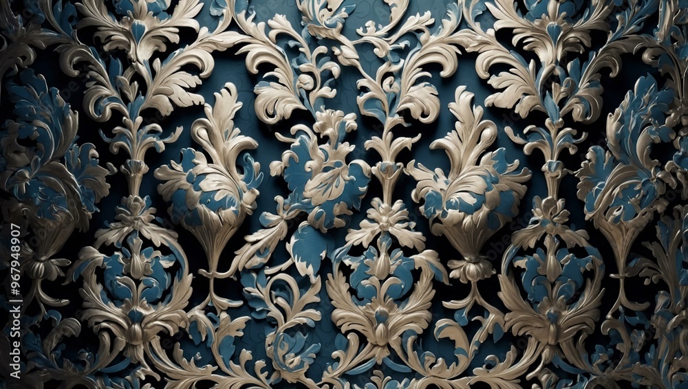 Three-dimensional damask pattern set against a high-relief background. Three-dimensional damask pattern set against a high-relief background.