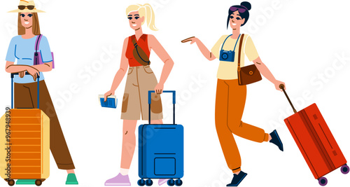 wanderlust woman travel suitcase vector. vacation getaway, packing destination, trip adventure wanderlust woman travel suitcase character. people flat cartoon illustration