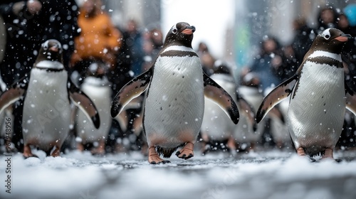 Penguins gather together on a snowy city street, surrounded by falling snowflakes and urban structures, evoking a sense of whimsical charm and natural wonder in winter. photo