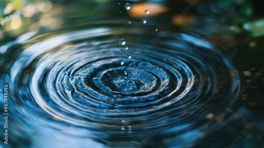 A close-up of water droplets creating ripples in a serene environment. A close-up of water droplets creating ripples in a serene environment.