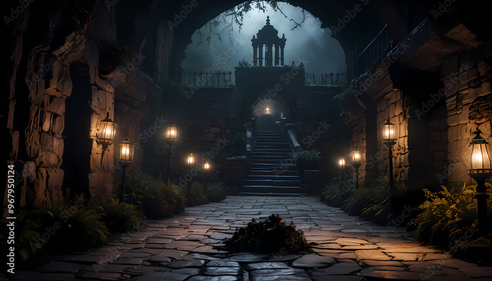 Fototapeta premium Castle dungeon, gothic setting with candles, dark and creepy background, setting, fantasy game, dark and creepy