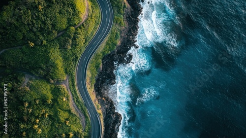 Aerial view of a winding road alongside a rocky coastline and ocean waves.