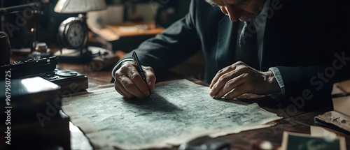 Image depicting intelligence spy and espionage activities involving defectors during the Cold War era  The scene shows a desk with classified documents files and a map photo