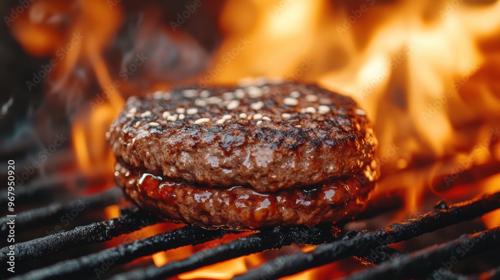 perfectly charred burger on grill, enhanced by flames great for summer bbq banner concept bbq grilling summer perfectly charred burger on grill, enhanced by flames great for summer bbq banner concept bbq grilling summer