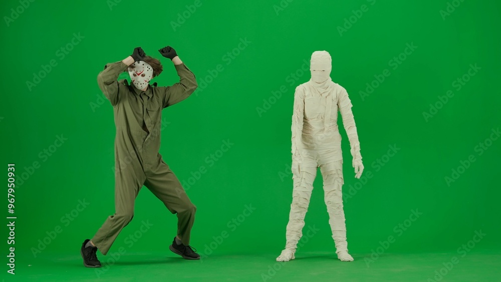 Portrait of person in a mummy bandage on chroma key green screen background. Maniac and mummy dancing Portrait of person in a mummy bandage on chroma key green screen background. Maniac and mummy dancing
