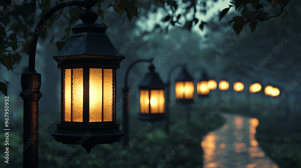 Charming lanterns illuminate a path in a serene landscape, creating a magical atmosphere in the twilight glow. Charming lanterns illuminate a path in a serene landscape, creating a magical atmosphere in the twilight glow.