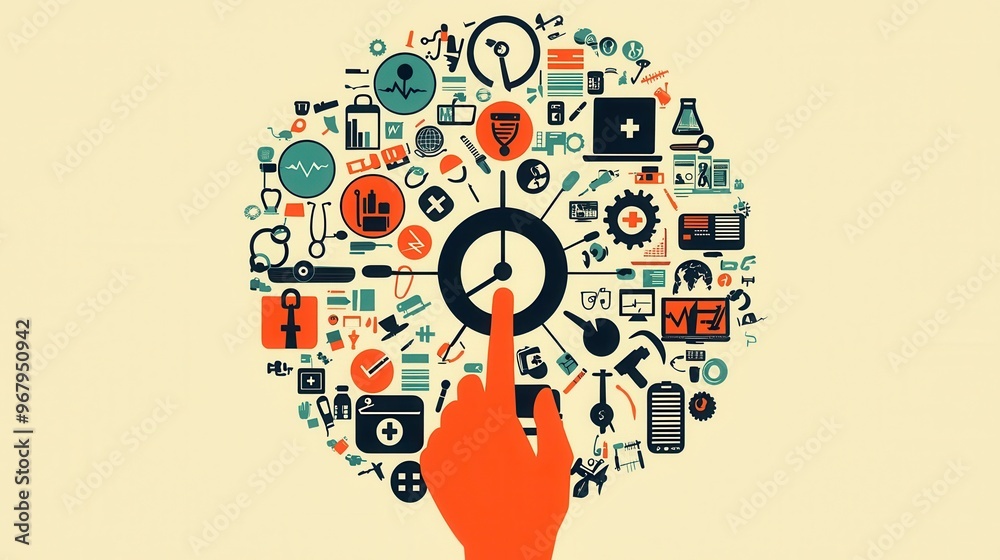 A hand turning a large dial with various job icons (briefcase, stethoscope, hammer, etc.), representing the flexibility and variety of experiences through job rotation A hand turning a large dial with various job icons (briefcase, stethoscope, hammer, etc.), representing the flexibility and variety of experiences through job rotation