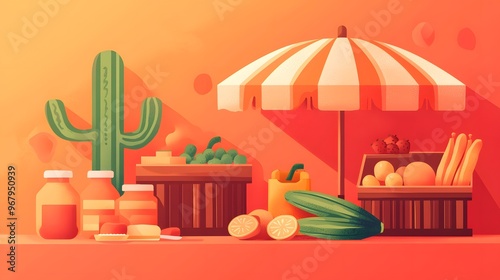 Fresh Fruit and Vegetable Stall with Cactus and Umbrella photo