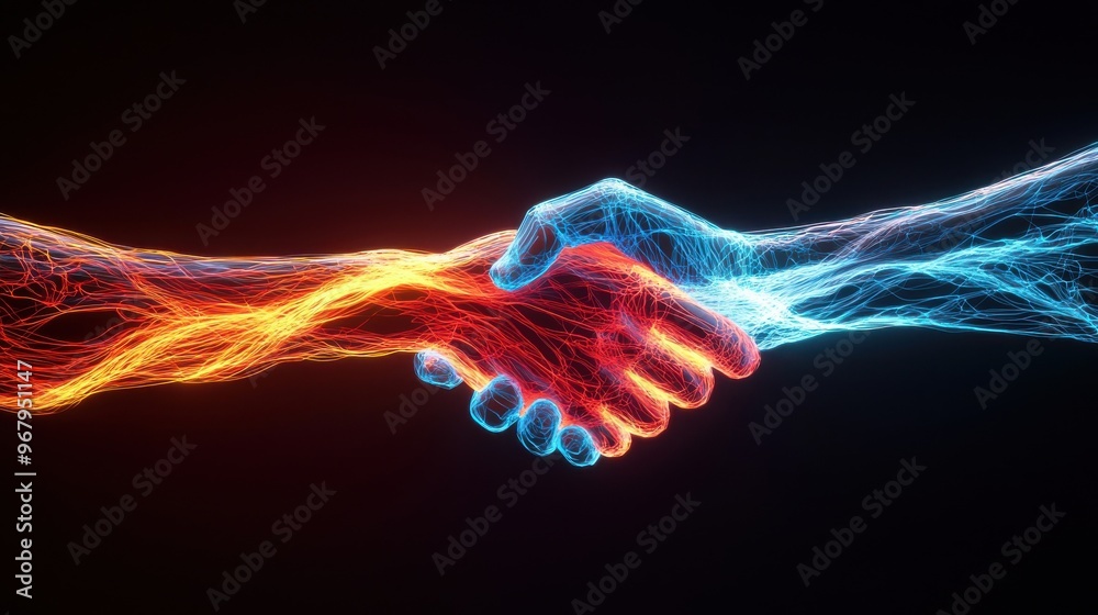 Fototapeta premium A handshake made of swirling energy between two abstract figures, with glowing lines forming connections between them, trust and mutual benefit in a value exchange