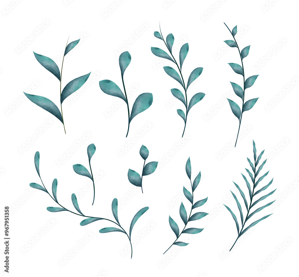 Naklejka premium Watercolor branches with leaves, isolated vector elements on white background.