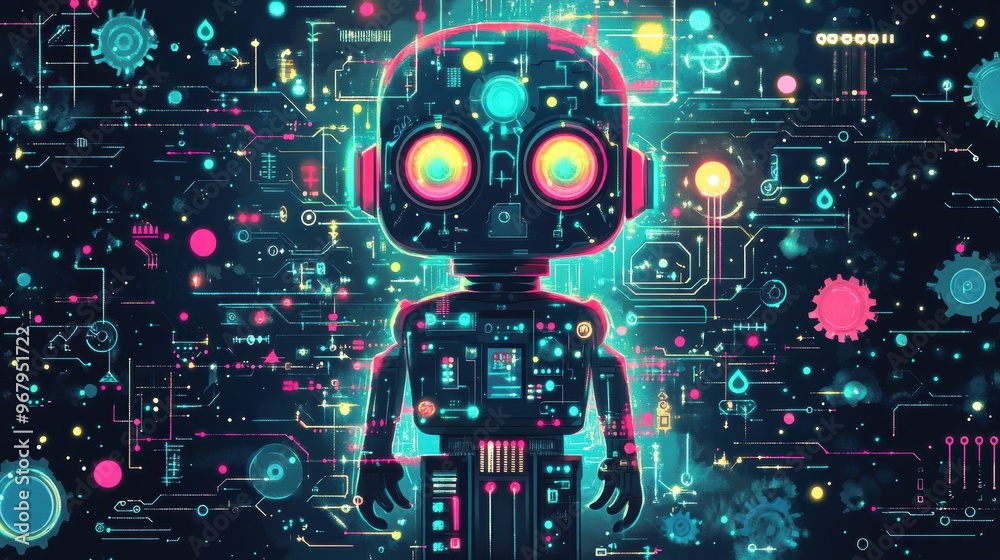 Bright and Charming Smart Robot Solving Puzzle with Gears - Dynamic Flat Illustration with Neon Green, Cobalt Blue, and Pink Tones Bright and Charming Smart Robot Solving Puzzle with Gears - Dynamic Flat Illustration with Neon Green, Cobalt Blue, and Pink Tones
