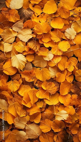 Vibrant top down view of layered yellow and orange autumn leaves capturing seasonal warmth