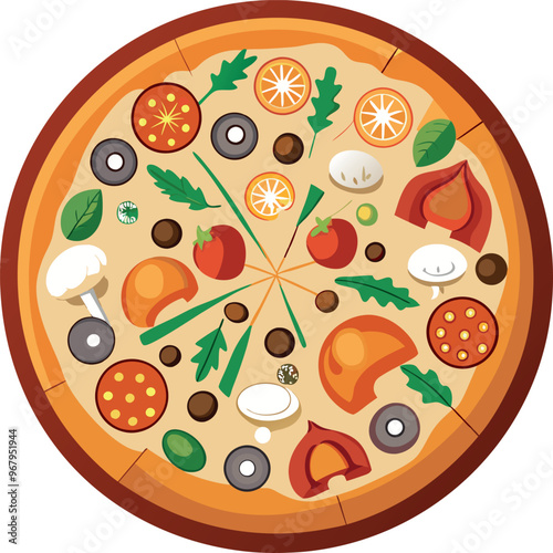 A colorful vector depiction of a round pizza featuring tomatoes, basil and cheese set on a clean white background